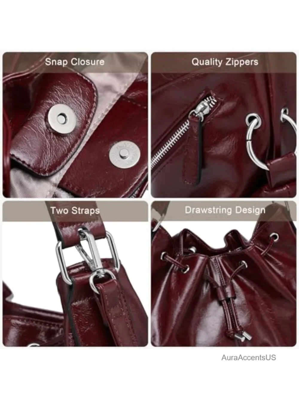 Vegan Leather Hobo Drawstring Bucket Tote Bag with 7 Pockets